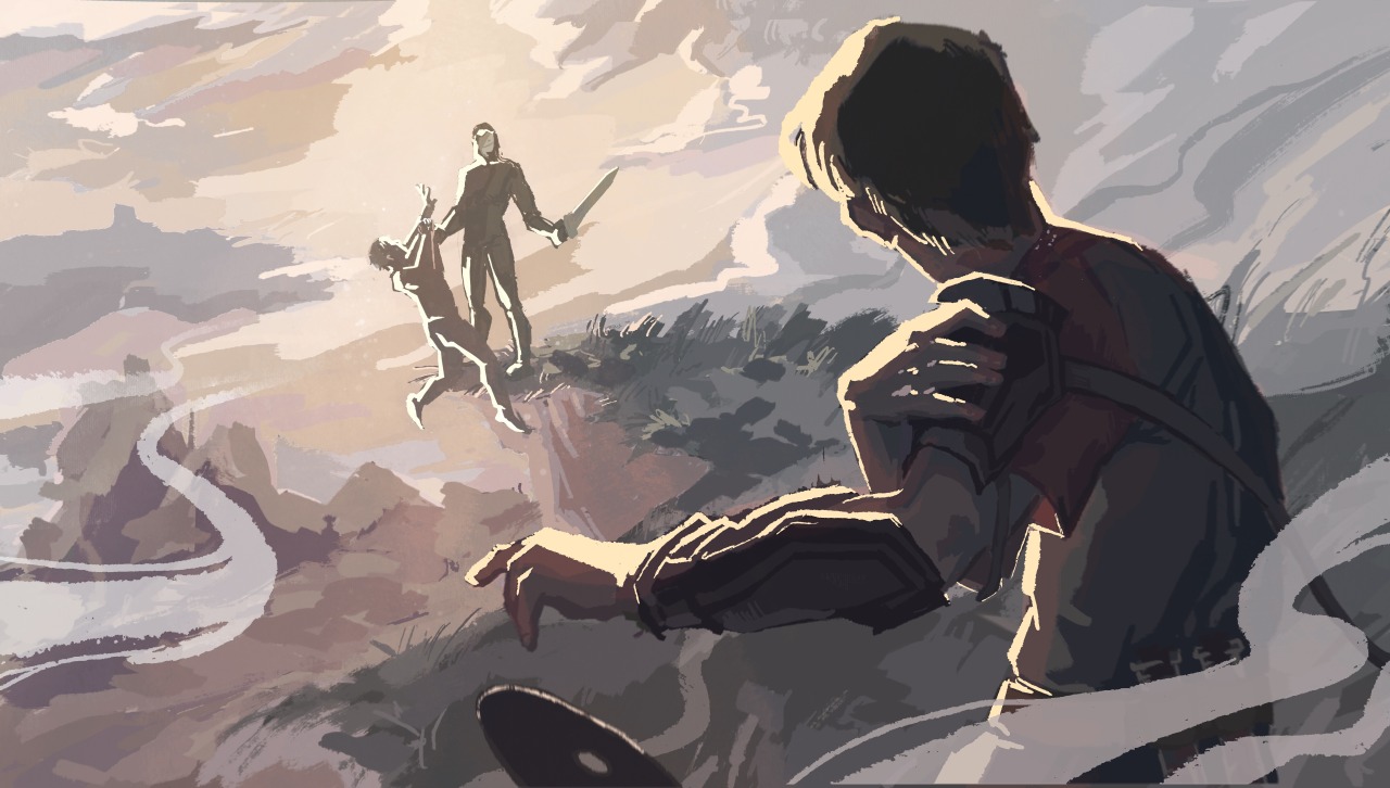 This is a drawing of Tommy during the final battle. He stands near the edge of a cliff high in the air, running towards Dream. Dream, meanwhile, holds Tubbo by his shirt over the cliff and waves a sword as if to ask Tommy if he should let go. From the view, we can see that everyone is very high up, and if Dream were to drop Tubbo, he would surely die from such a height. The sky is smoky and dark. There's a lot of tension in the drawing, mainly coming from the muted grey and green color palette.